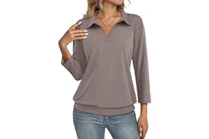 TICTICMISS Womens Polo Shirts 3/4 Sleeve Banded Bottom Tops Business Casual Tops Collared V Neck Blouses