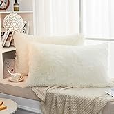 JAUXIO Long Faux Fur Soft Soild Decorative Pillowcase Oblong Fluffy Throw Pillow Cover Velvet Shaggy Plush Cushion Case Set of 2 Zipper Closure King Size (20X36 Inches Cream)