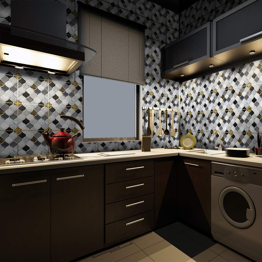 Floor Wall Tile Transfers Sticker for Home Decor, Peel & Stick self-Adhesive splashback, Tile Decals for Living Room Kitchen Bathroom Decor,15X15cmX 10 Pcs, Black and White Vine Mosaic Tile Sticker