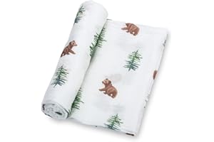 LollyBanks Swaddle Blanket, 100% Cotton Muslin Swaddle Blankets for Boys and Girls, Large 47 x 47 Inches Newborn Swaddle Receiving Blanket, Breathable Baby Blanket, Registry (Baby Bear Cub Theme)