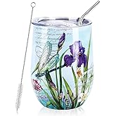 NymphFable 12oz Dragonfly Cup Wine Tumbler with Straw and Lid Insulated Stemless Wine Glass Stainless Steel Double Wall