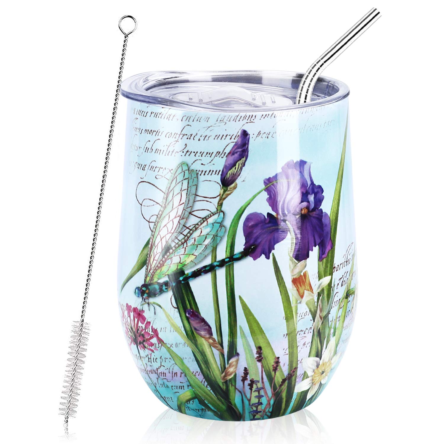 NymphFable 12oz Dragonfly Wine Tumbler with Lid and Straw Stemless Insulated Wine Glass Stainless Steel Double Wall