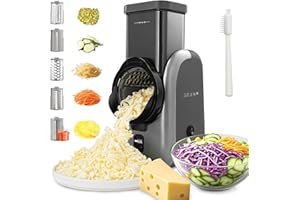 JLH Kitchen Electric Cheese Grater – Rotary Mandoline Veggie Slicer with 5 Interchangeable Blades, One-Touch Food Chopper & S