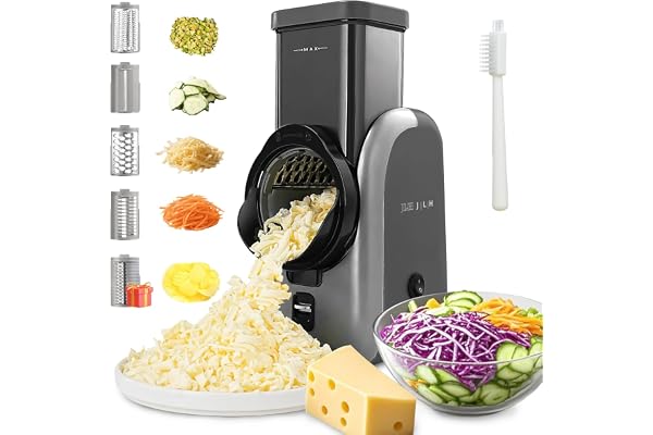 JLH Kitchen Electric Cheese Grater – Rotary Mandoline Veggie Slicer with 5 Interchangeable Blades, One-Touch Food Chopper & S