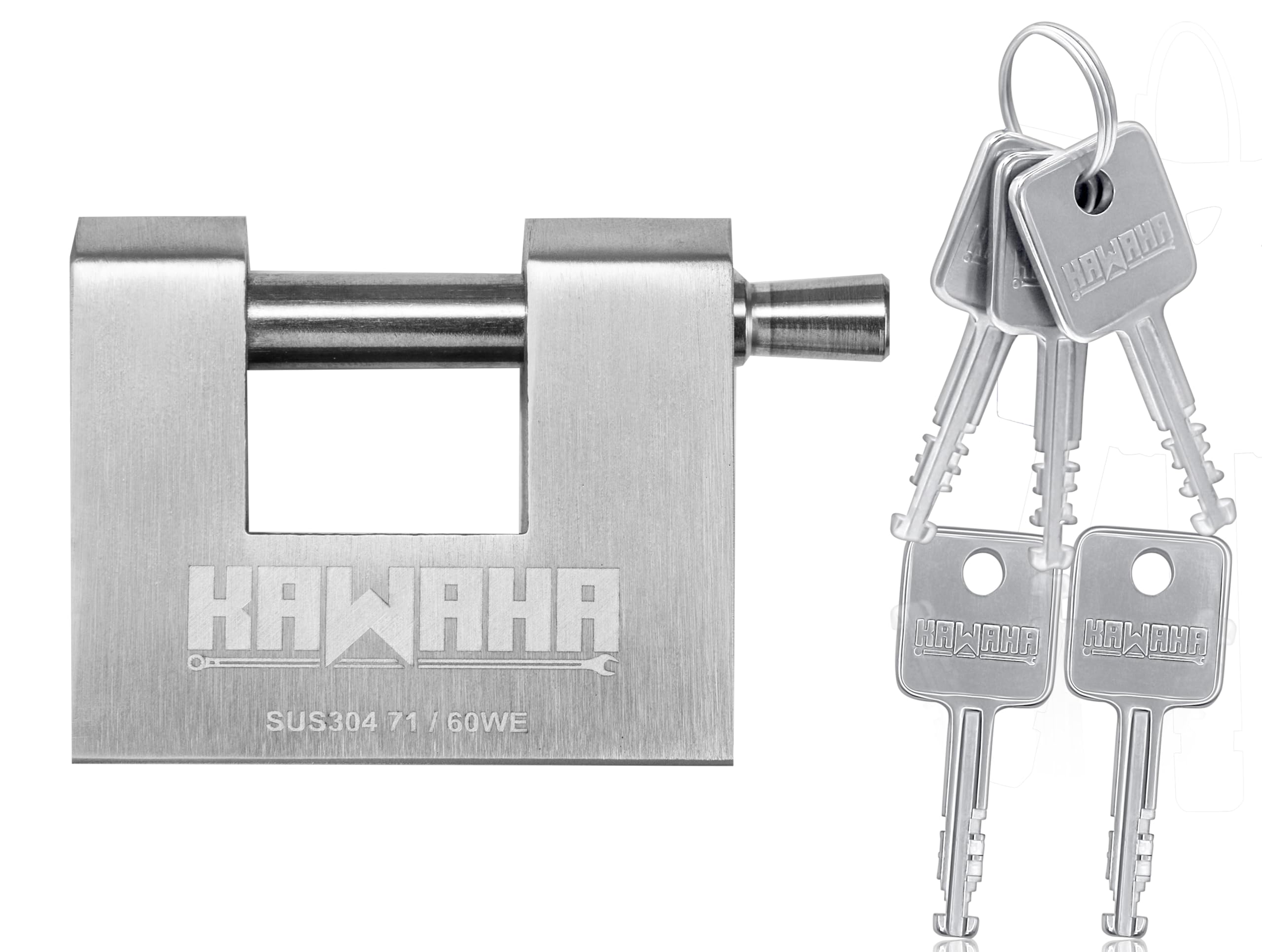 KAWAHA 71/60KD-5SK Stainless Steel D-Shaped Heavy Duty Padlock with Key for Garage Door, Containers, Shed and Warehouse (2-3/4 inch, Keyed Different - 5 Stainless Steel Keys)