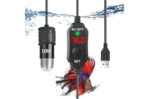 FUMAK 5V/2A USB Powered 10W Super Mini Fish Tank Heater Adjustable Submersible Aquarium Heater Betta Heater Turtle Heater with LED Display Thermostat - for up to 1 Gallon Tanks