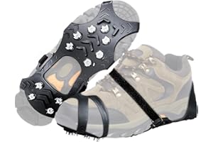 AELOER Crampons Ice Cleats for Shoes and Boots, Ice Snow Grip with Stainless Steel Spikes Anti-Slip, Traction Cleats Grips with Straps Women Men Shoes for Walking, Climbing, Hiking, Ice Fishing