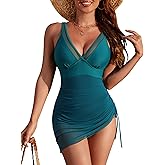 Blooming Jelly Women's One Piece Swimsuit Tummy Control Swim Dress Modest Bathing Suit Mesh Sarong Wraps Swim Suits
