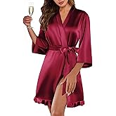 Ekouaer Women's Satin Robes Silk Kimono Bath Robe Short Ruffled Hem Bride Bridesmaid Sleepwear with Pockets