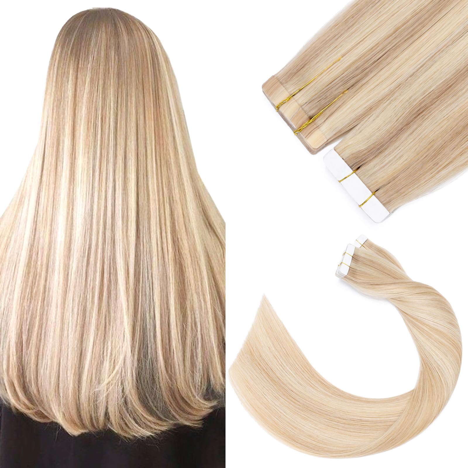 Tape in Hair Extensions Human Hair 20inch #18P613 Ash Blonde&Bleach Blonde Real Remy Hair Extension Skin Weft (20 Pcs, 50g/Set)