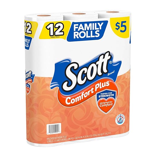 SCOTT® COMFORTPLUS 1-PLY TOILET PAPER, 1-1/8″ X 1-1/8″, 173 SHEETS PER ROLL, PACK OF 12 ROLLS