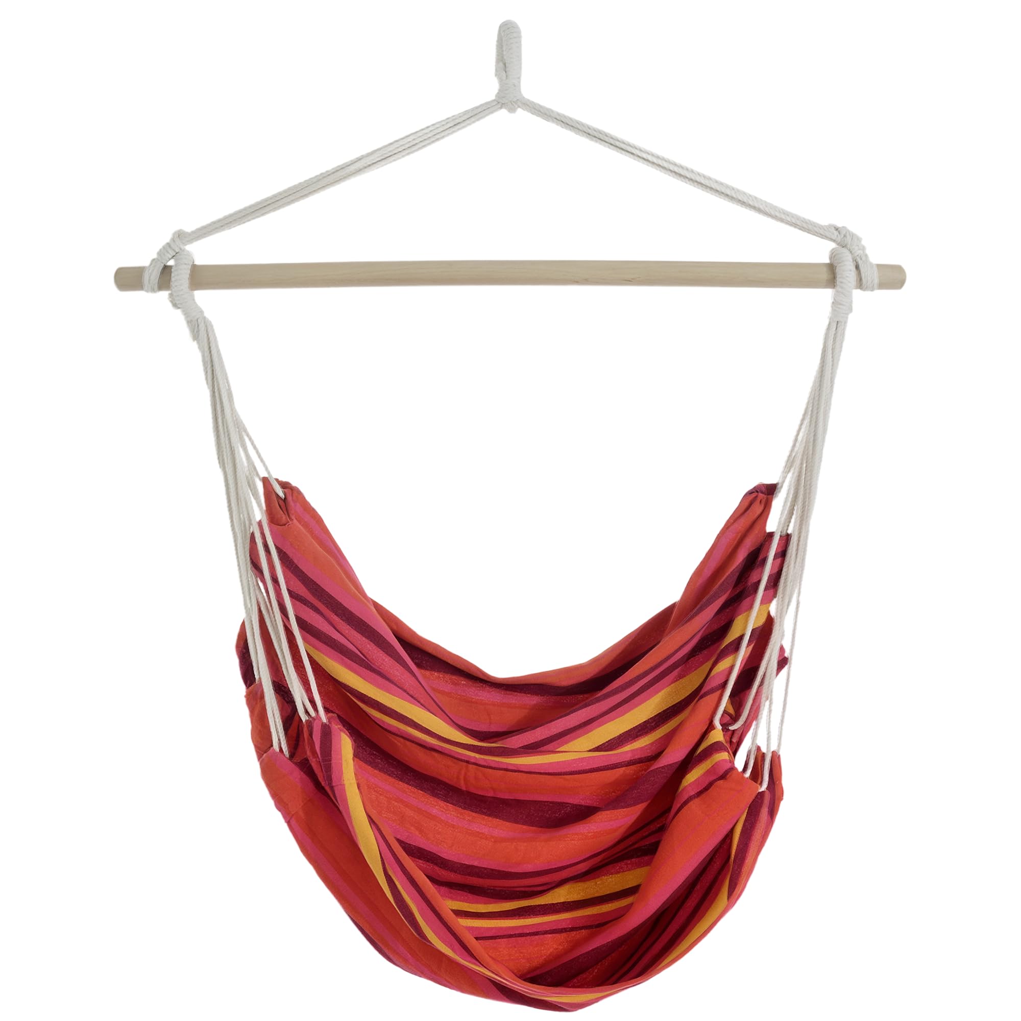 Outsunny Outdoor Hanging Rope Chair with Cotton Rope, Garden Hammock Chair with Wooden Support Bar Cotton Cloth, Portable Garden Chair for Patio & Tree, Red