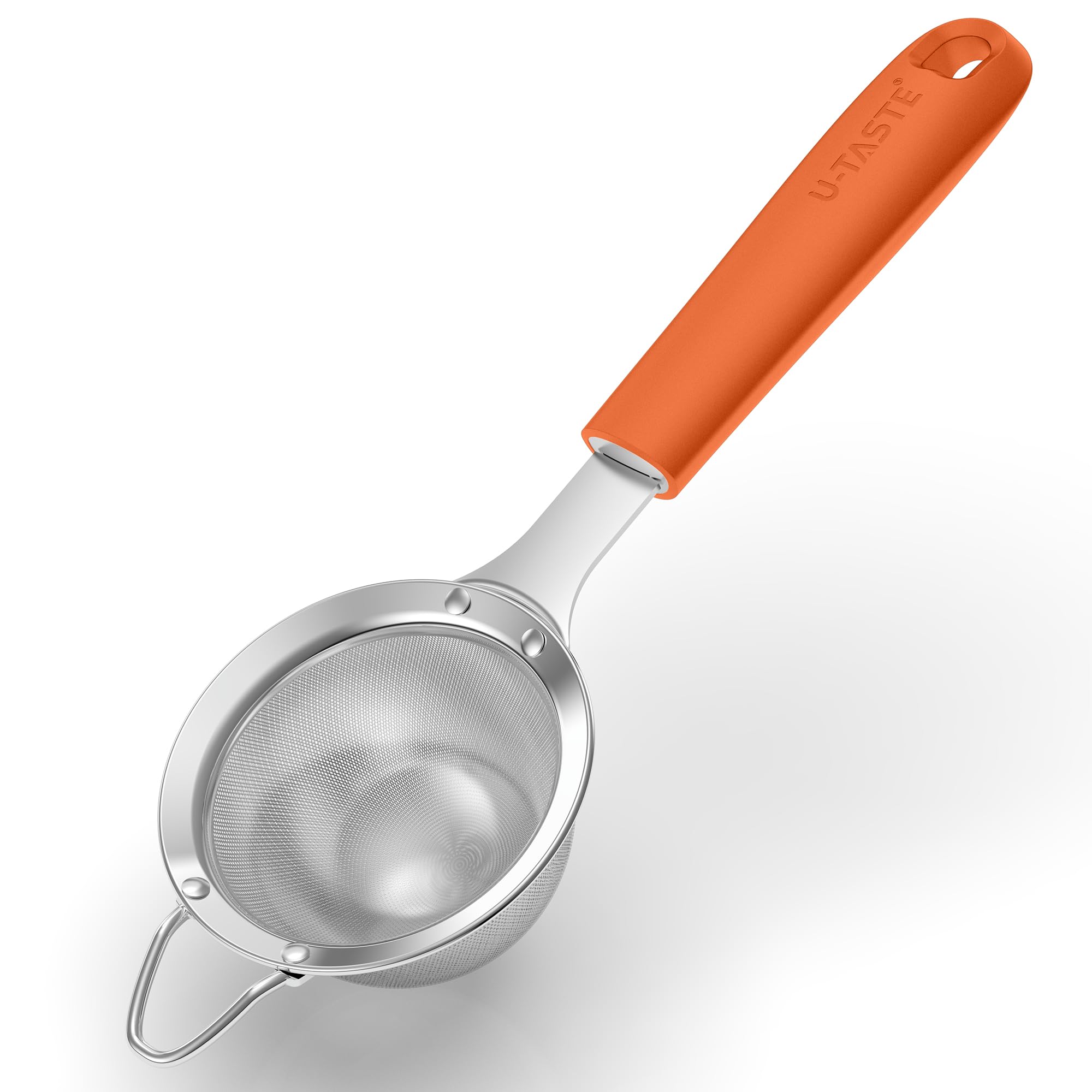 U-Taste Small Fine Mesh Sieve: 18/8 Stainless Steel 8.5cm Kitchen Sieve and Strainer with Riveted Sturdy Silicone Handle, Great for Sifting Flour, Straining Tea, Rice, Quinoa (Orange)