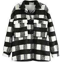 ZAFUL Women's Plaid Fleece Lined Hooded Jacket Button Up Oversized Fuzzy Coat Checkered Flannel Hoodie Jacket