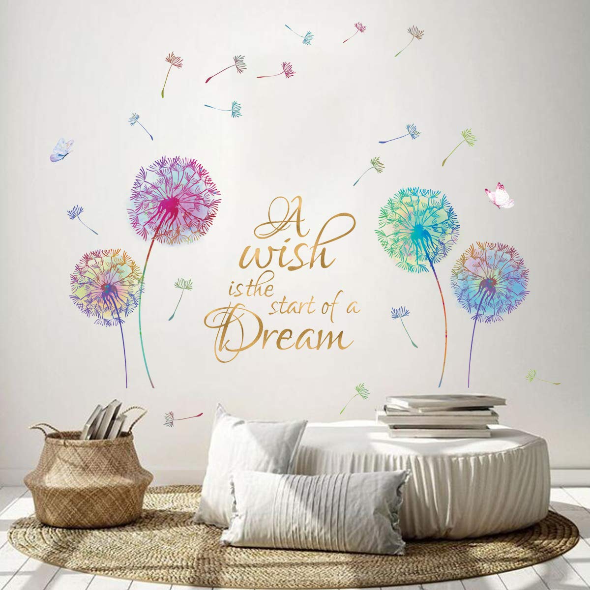 Runtoo Colorful Dandelion Wall Decal Inspirational Quotes Gold Wall Art Stickers Living Room Bedroom Baby Nursery Wall Décor