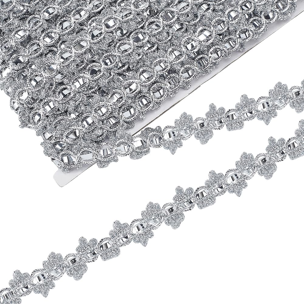 FINGERINSPIRE 20 Yards(18.3m) Metallic Braid Lace Trim (20mm) Wide 3D Flower Pattern Braid Lace Trim Sewing On Metallic Trim Silver Ribbon Trim for Bridal Dress Costume Jewelry Decoration