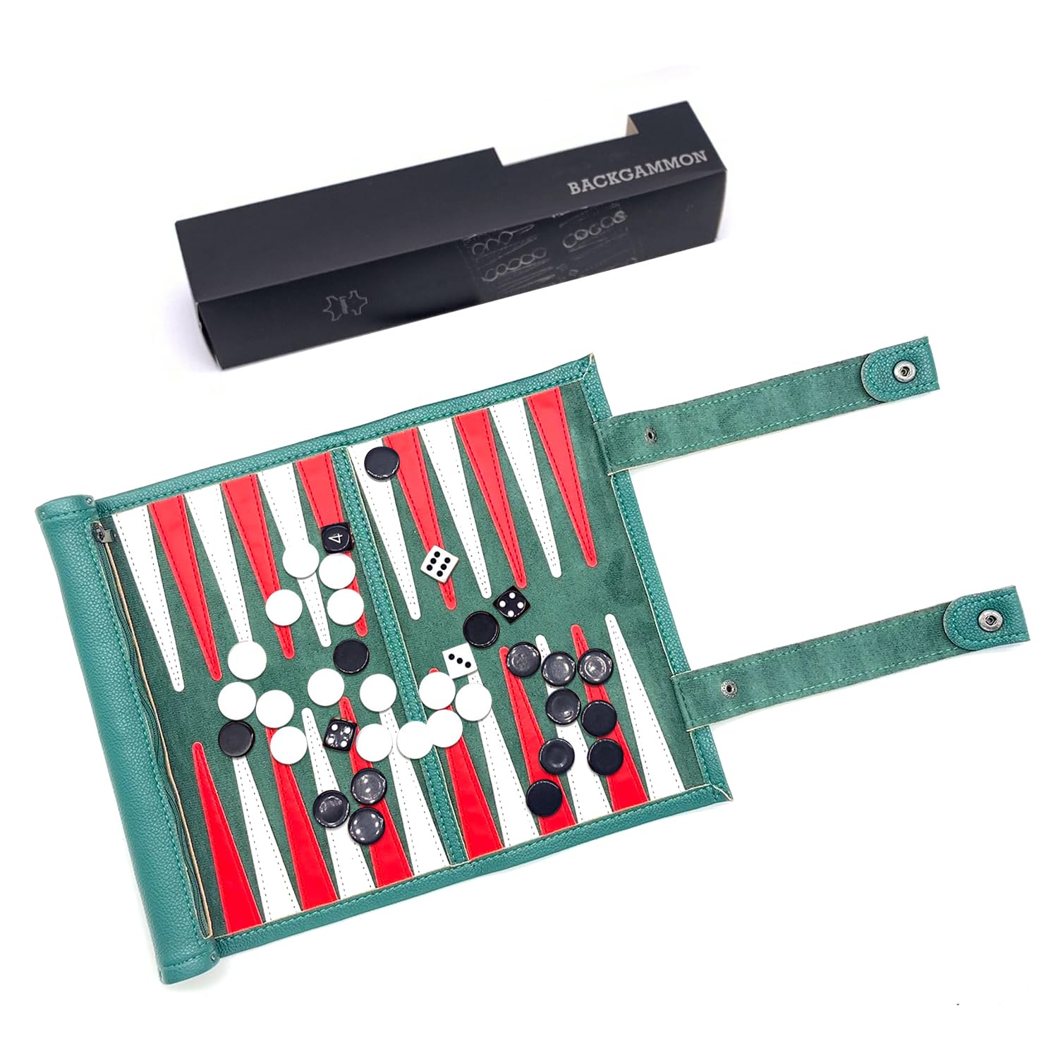 Travel Backgammon Set, Portable 18.5inch Leather Backgammon Sets, Roll-Up Travel Backgammon Game, Tactical Board Game Ideas (Green)