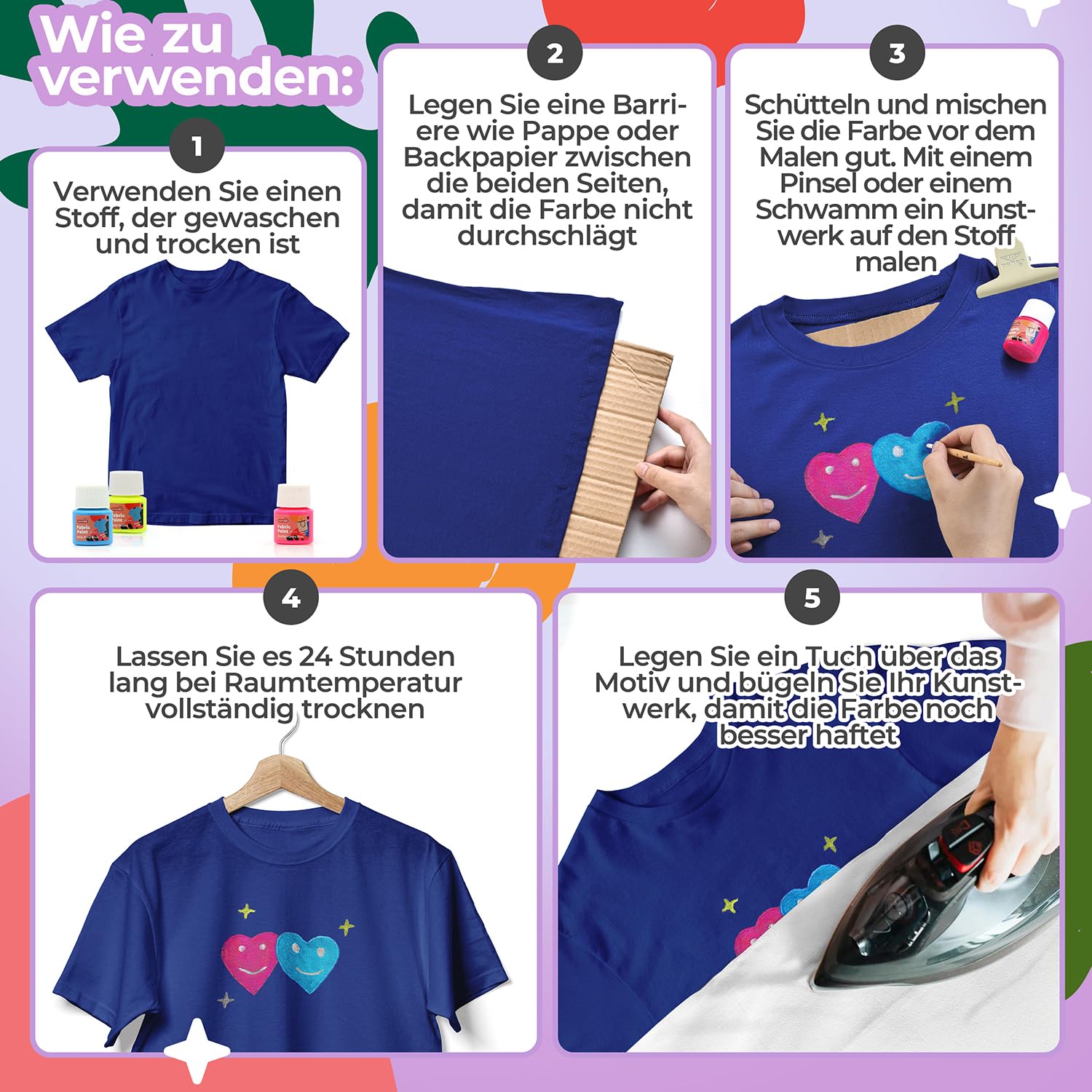 colozoo Textilfarbe Waschmaschinenfest 14x20ml | Waschfestes Set inkl. Gold, Silber, 2 Neonfarben & 3 Pinsel | Zum Malen auf dunklen und hellen Stoffen 6