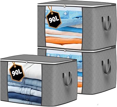 KURNI Storage Bags 3 Pack Grey 90L Large Organizer Zipper Box 60x43x35cm