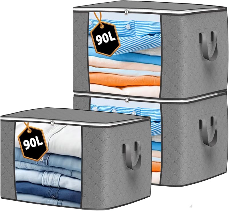 KURNI Storage Bags 3 Pack Grey 90L Large Organizer Zipper Box 60x43x35cm