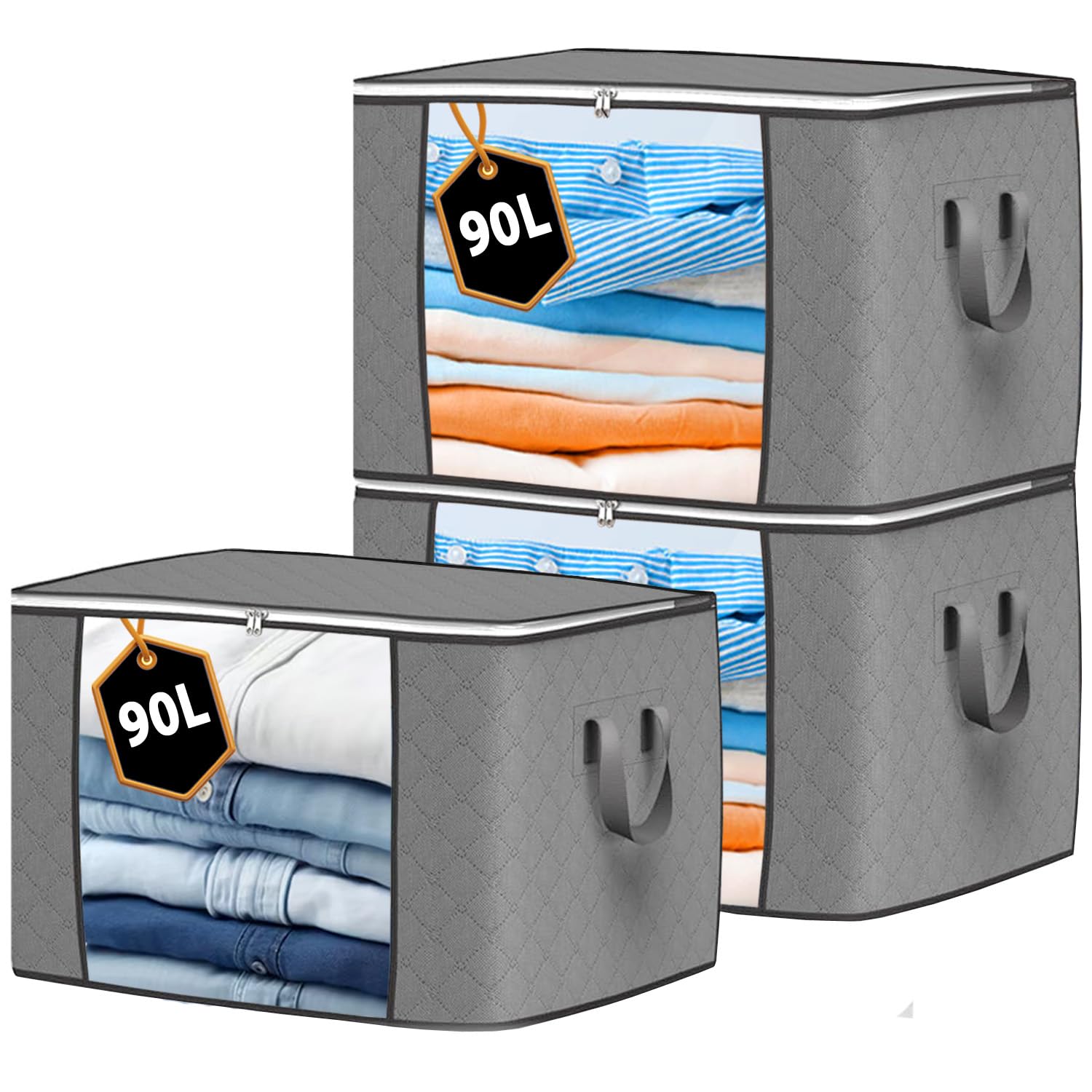 KURNI Storage Bags Clothes Organizer 3 Pack Grey, Large Moving Boxes With Top Lid 90L Capacity, 3 Sided Zipper Storage Box. Dust/Mites & Moisture Proof 60 x 43 x 35cm