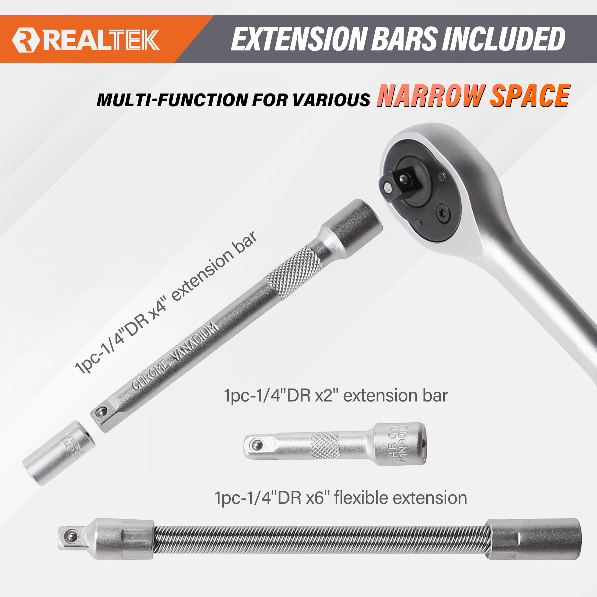 REALTEK Steckschlüsselsatz 66-teilig, 1/4" Steckschlüssel-Satz, Knarrenkasten, Werkzeugkoffer Mit Ratschen, Steckschlüssel und Bitsatz, Cr-V Ratschenschlüssel Set für Fahrrädern und Autos 4