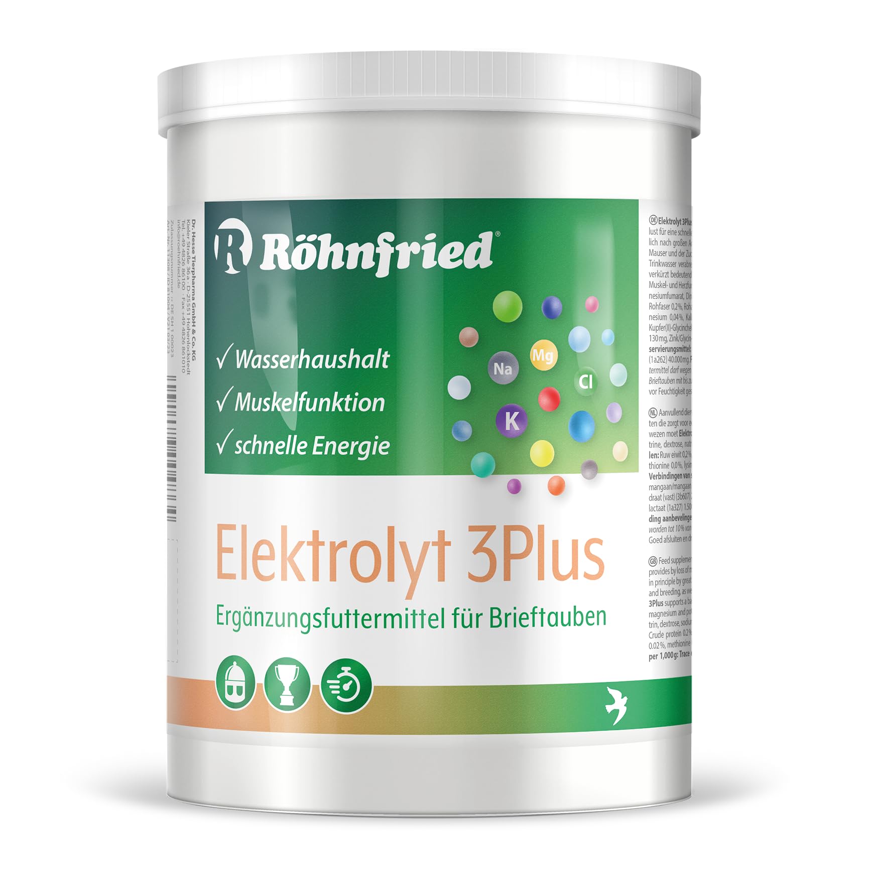 Rohnfried Elektrolyt 3Plus - Feed Supplement for pigeons - Water Resources- Muscle function - Fast energy (600 g)