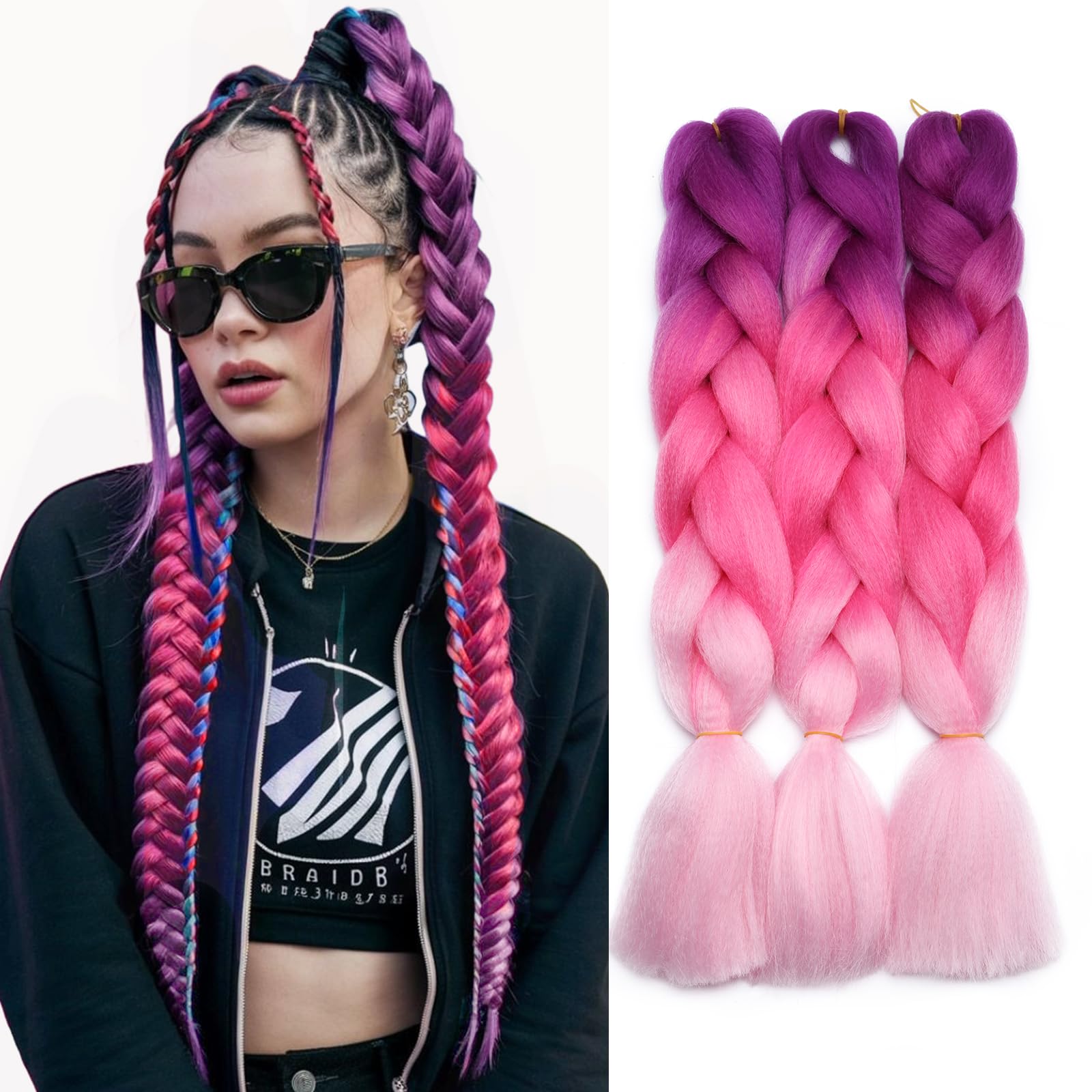 Silk-co 3 Pieces Braiding Hair Ombre Afro Twist Braid Hair Extensions Crochet Box Synthetic Jumbo Braids 24" [300g, Purple-Peach-Pink] — image 1