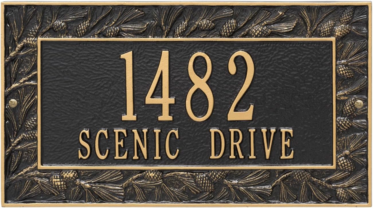 Address Signs - Comfort House Personalized Cast Metal Address Sign with Pine Cones - Displays Your House Number And Street Name # 68220