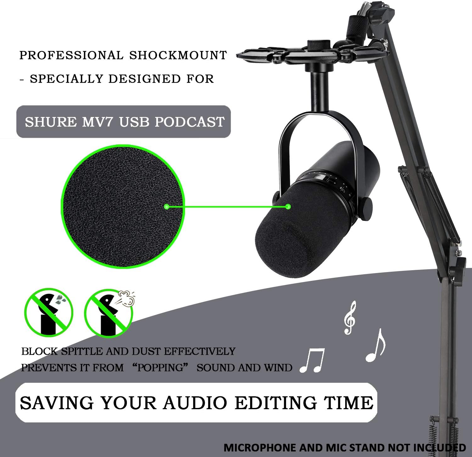 Shure MV7 Shock Mount with Pop Filter Matching Boom Arm Mic Stand