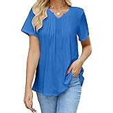 Quatrefox Womens T Shirts Short Sleeve Pleated Dressy Tunic Casual V Neck Summer Tops Blouses Beach Vacation Clothes