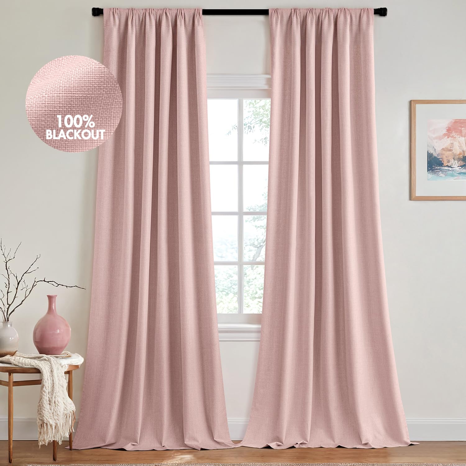 Photo 1 of MIULEE 100% Blackout Curtains 90 Inch Long 2 Panels for Bedroom, Thick Luxury Faux Linen Black Out Curtain Room Darkening Back Tab Pleat Window Textured Drapes with Hooks for Living Room, Baby Pink