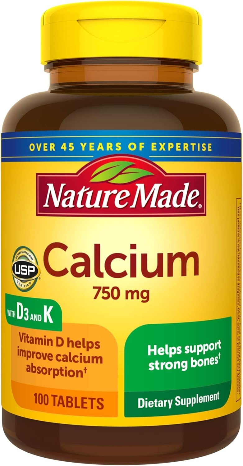 Nature Made Calcium 750 mg Tablets w. Vitamin D and K, 100 Ct for Bone Health† (Packaging May Vary): Health & Personal Care