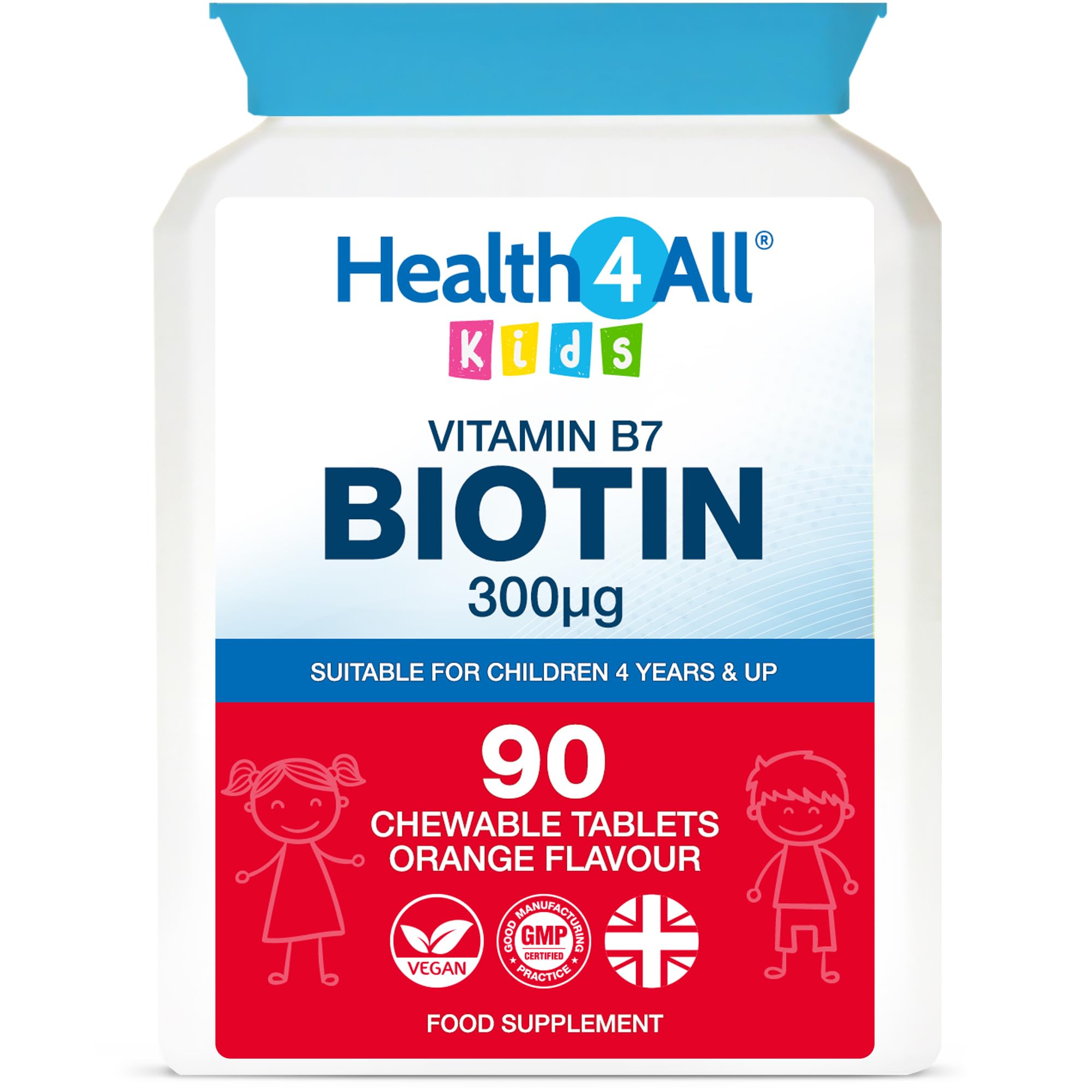 Health4All Kids D-Biotin 90 Chewable Tablets 3 Months Supply, Hair Growth and Strong Nails Supplement for Children 4+, Natural Vegan Orange Flavour, Sugar Free | Made in UK (not Gummies)