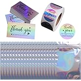620pcs Thank You Business Cards & Stickers Set - Gold Foil, 100 Cards, 500 Stickers, 20 Resealable Bags (Holographic)