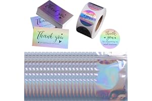 GVHNTK 620Pcs Thank You Business Cards Stickers Set Gold Foil Include 100 Thank You Business Card 500 Thank You for Supporting My Small Business Stickers 20 Resealable Packaging Bags Owners (Holographic)