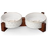 MALACASA Dog Bowl Set with Walnut Wood Stand, 1.5 Cups Ceramic Pet Bowls for Puppy Dogs, Dual Food and Water Bowls with Non-Slip Base, Basic Bowls for Your Dog or Cat, Five-Leaf Grass & Honeycomb