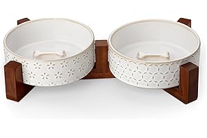 MALACASA Dog Bowl Set with Walnut Wood Stand, 1.5 Cups Ceramic Pet Bowls for Puppy Dogs, Dual Food and Water Bowls with Non-Slip Base, Basic Bowls for Your Dog or Cat, Five-Leaf Grass & Honeycomb