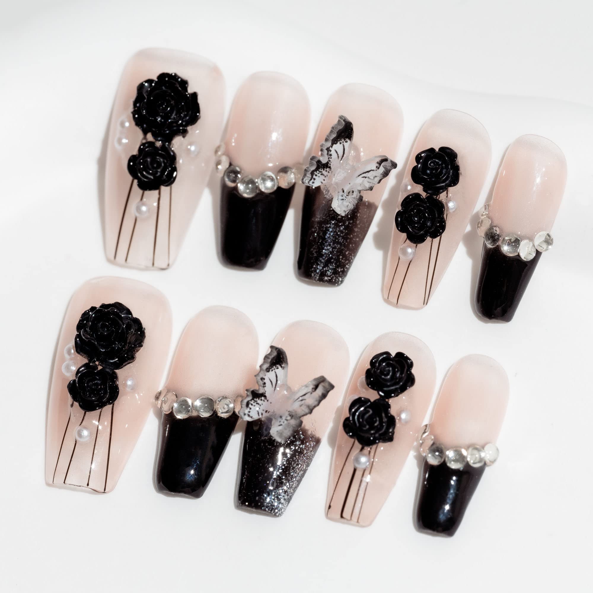 Sun&Beam Nails Handmade Long Coffin Ballerina Nude False Nail Tips with Cute 3D Black Flower Butterfly Diamond Popular Charm Design Press On Nails 10 Pcs (#69 XS) — image 1