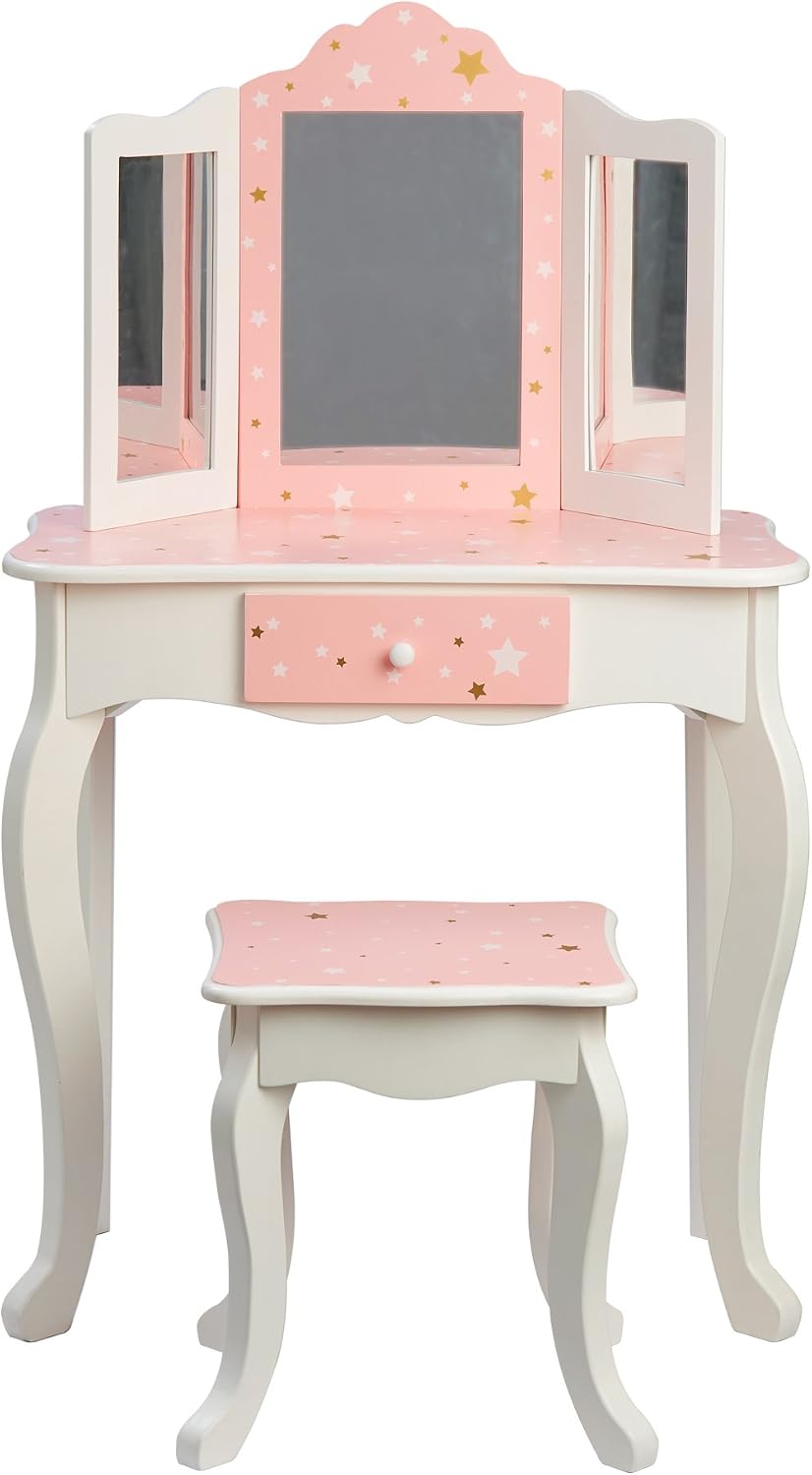 Teamson Kids Princess Gisele Twinkle Star Print 2-Piece Kids Wooden Play Vanity Set including Vanity Table, Tri-Fold Mirror - Image 3