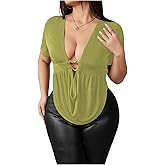 SOLY HUX Women's Plus Size Cowl Neck T Shirt Metal Decor Short Sleeve Going Out Tops