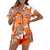 Raruxxin Women Halloween Pajamas Shorts Sets Pumpkin Print Short Sleeve Button Down Shirt Spooky 2 Piece Sleepwear Loungewear