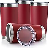 DOMICARE 20oz Stainless Steel Tumbler Bulk with Lid, Double Wall Vacuum Insulated Travel Mug, Powder Coated Coffee Cup (Powder Red, 4)