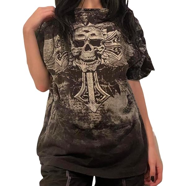 Women Y2K Grunge Short Sleeve T-Shirt E-Girl Punk Gothic