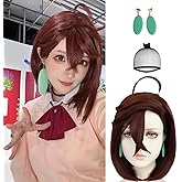 JoneTing Red Brown Bob Wig 【+Hair Cap + Ear Clips】 Medium Length Brown Bob Wigs for Women Wavy Brown Cosplay Wig and Accessories for Halloween Christmas Costume Outfit