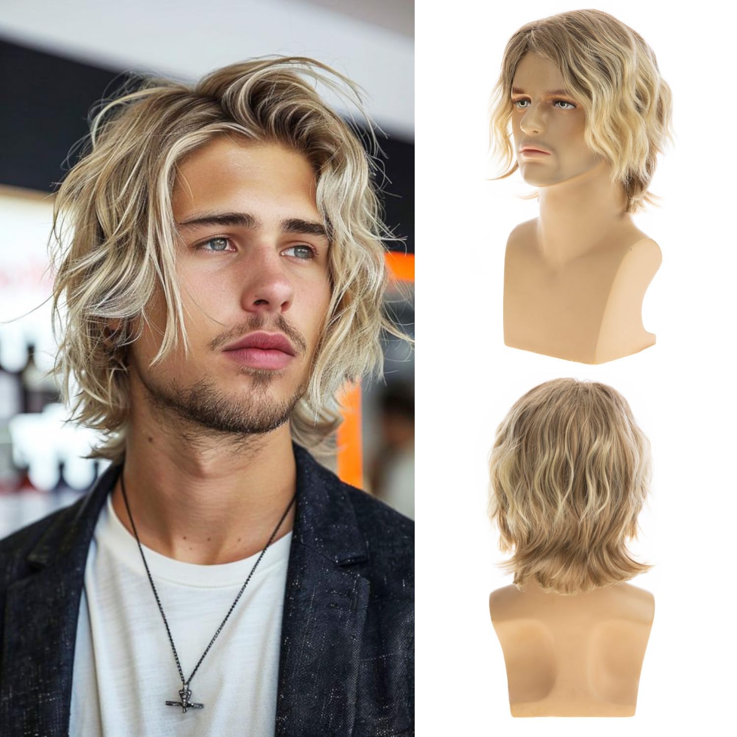 Mens Short Blonde Curly Fluffy Hair Wig - Synthetic Cosplay Replacement Wig for Male