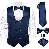 Hi-Tie Mens Navy Suit Vest for Men Silk Double Breasted Formal Suit Vest Pretied Bow Tie Necktie Handkerchief Cufflinks 5PCS Wedding or Business Tuxedo