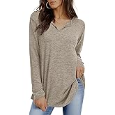 Tankaneo Womens Long Sleeve Tunic Tops V Neck Dressy Casual T-Shirts Loose Fit Curved Hem Blouse Tees