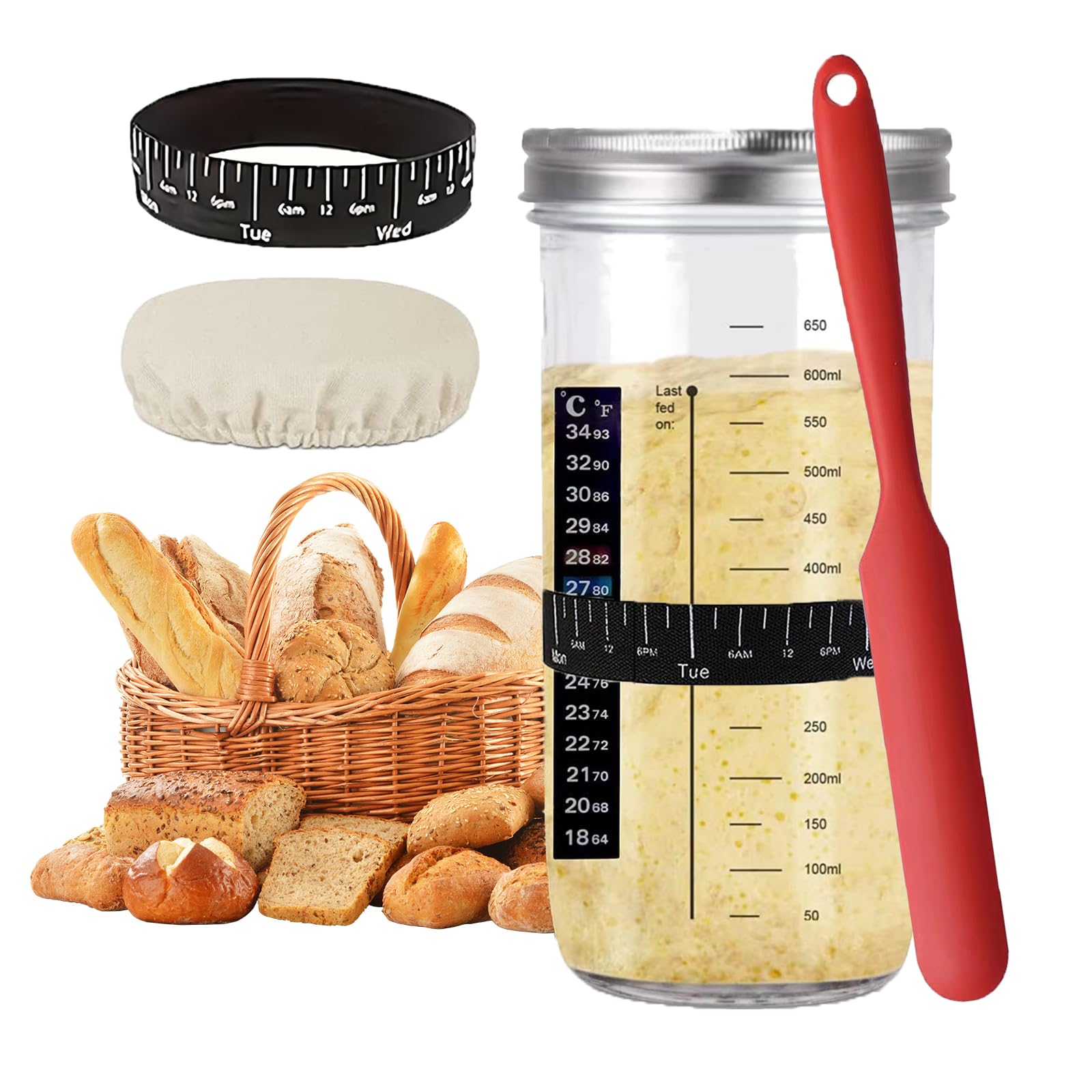 Sourdough Starter Jar Kit Lid Set, 24Oz, 730ml Glass Round Jar with Thermometer, Feeding Date Band, Cloth Cover, Silicone Scrape, Suitable for Bread Fermentation, Reusable Sourdough Starter for Baking