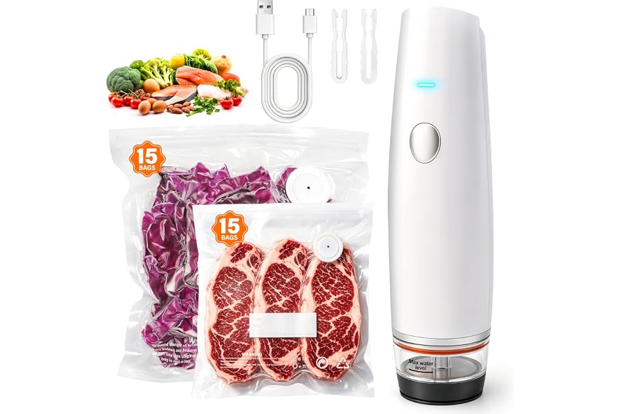 -80kPa Compact Vacuum Sealer for Food (Vacuum Sealer Machine + 30 Reusable Bags), 1200mAh Rechargeable Handheld Vacuum Sealer Machine Portable Mini Food Sealer for Sous Vide & Meal Prep-cold white